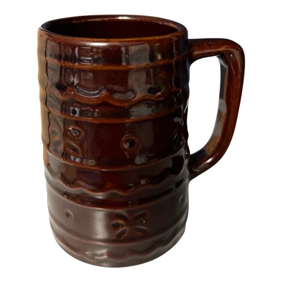 Vintage USA Pottery Brown Drip Barrel Mugs – Set of 2 – 1950s–1970s - Picture 3 of 6